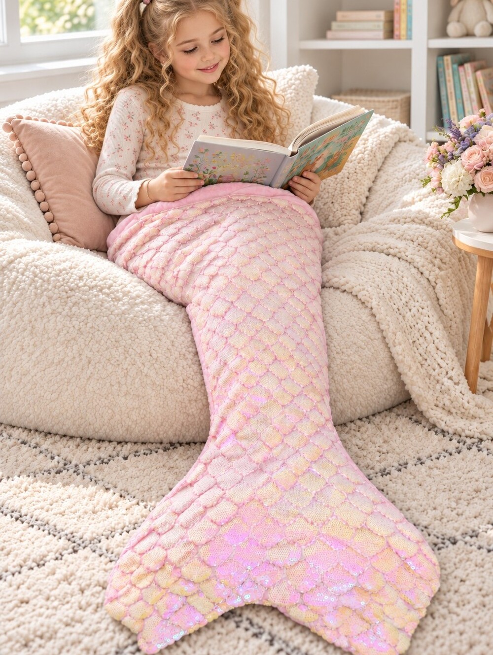 Cynthia Rowley Girls Pink Sequin Mermaid Tail Blanket